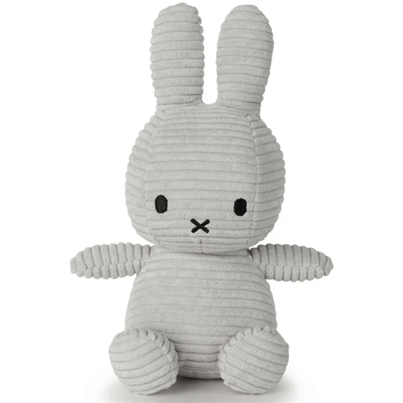 Front view of soft-grey corduroy Miffy plush by Bon Ton Toys, 23 cm tall.