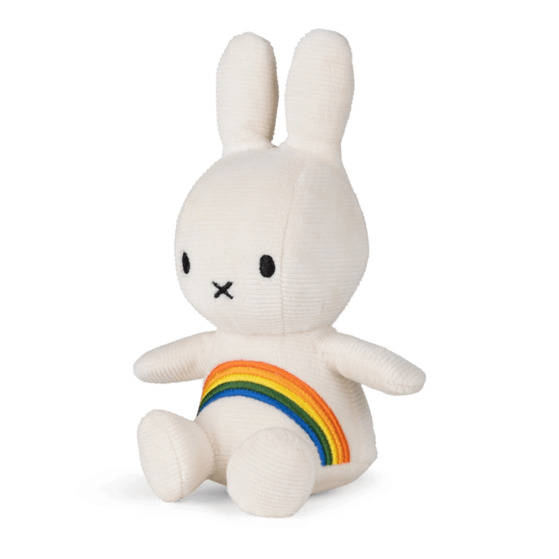 White Miffy corduroy plush toy with rainbow detail 18cm side view
