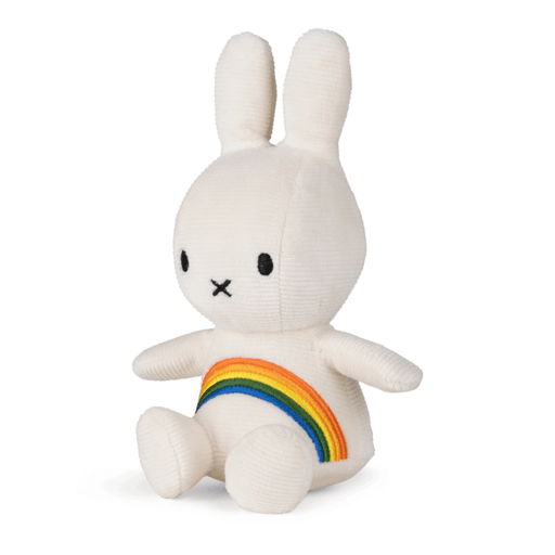 White Miffy corduroy plush toy with rainbow detail 18cm side view