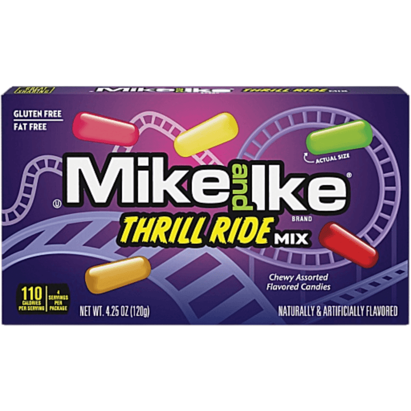 Mike and Ike Thrill Ride Mix theatre box with chewy assorted American candy flavours