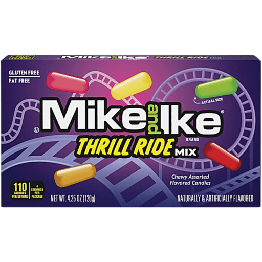 Mike and Ike Thrill Ride Mix theatre box with chewy assorted American candy flavours