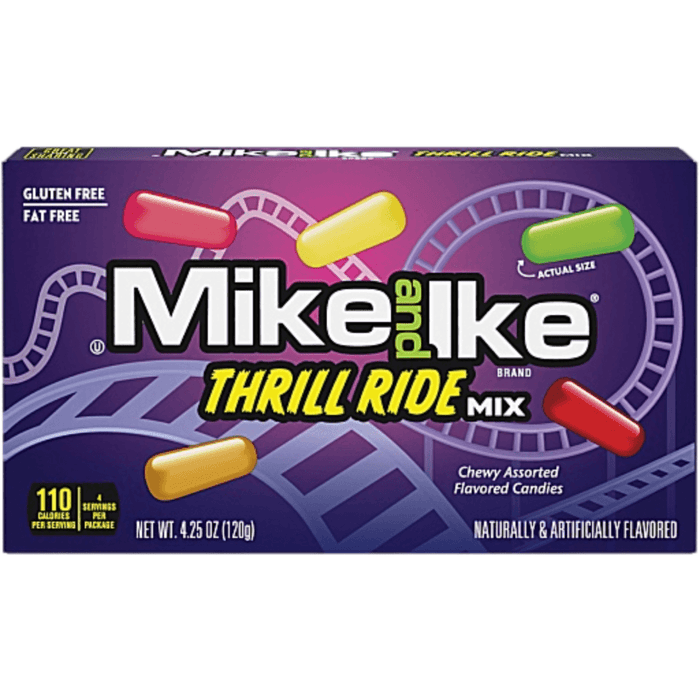 Mike and Ike Thrill Ride Mix theatre box with chewy assorted American candy flavours