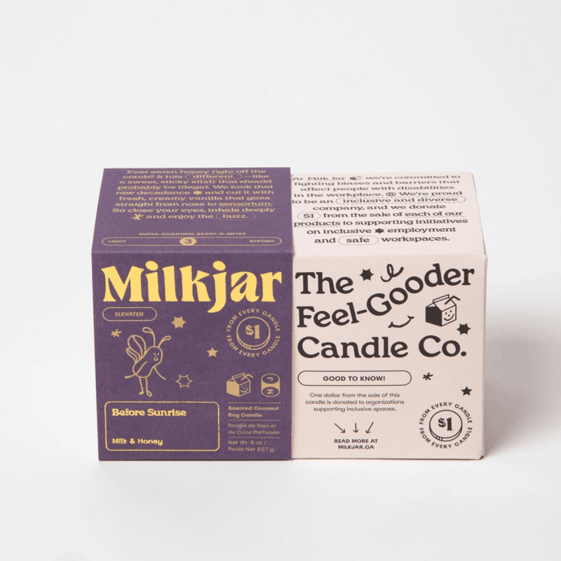 Milkjar Before Sunrise Milk & Honey candle packaging shown from the front