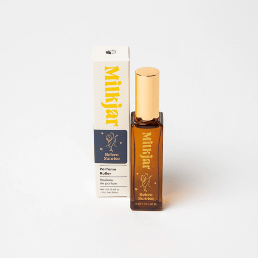 Milkjar Before Sunrise Milk & Honey perfume roller 20ml pictured next to matching product box