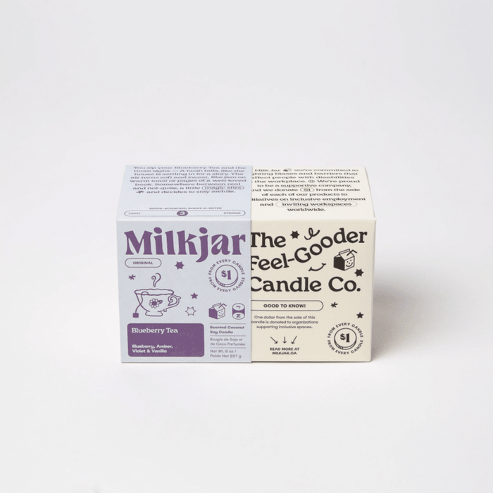 Milkjar Blueberry Tea candle box beside The Feel-Gooder Candle Co. packaging on a white background.