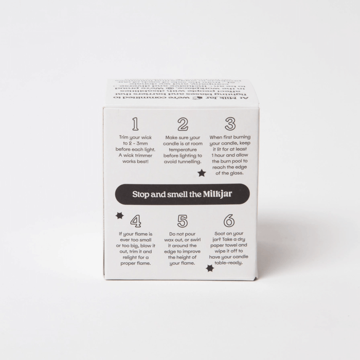 Back of Milkjar box showing burn care tips and Stop and smell the Milkjar message.