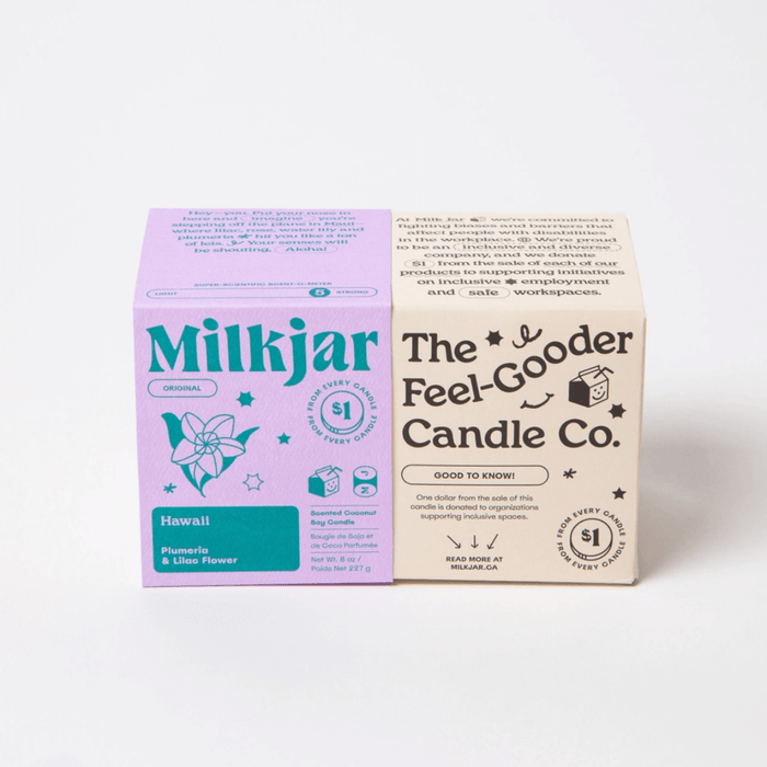 Milkjar Hawaii candle box next to The Feel-Good Candle Co box on a white background.