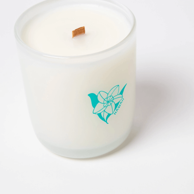 Close-up of Milkjar Hawaii candle showing the wooden wick and teal flower logo on frosted glass.