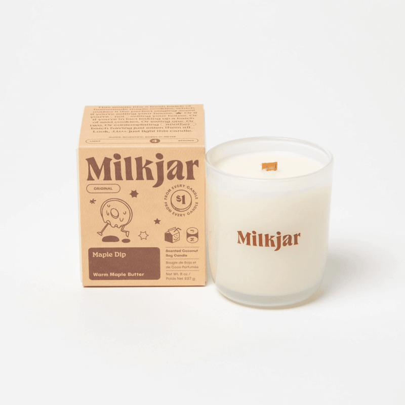 Milkjar Maple Dip coconut soy candle 8oz shown with the product box on a clean white background.