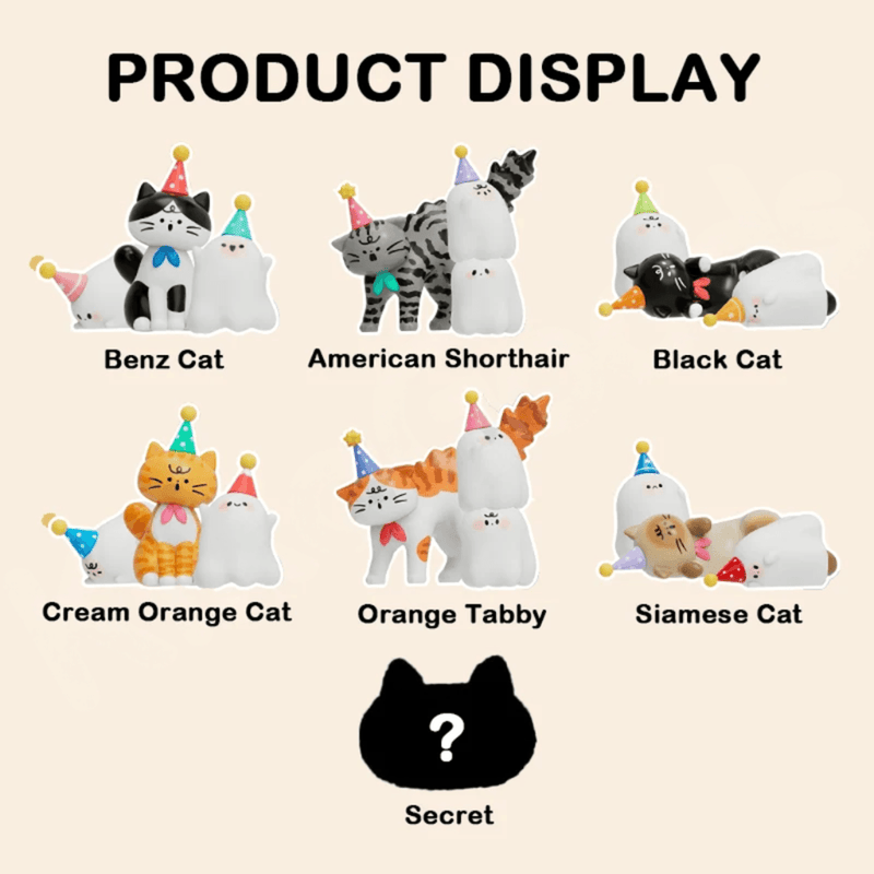 Mimi Maomao character lineup showing six regular cat figures and a mystery secret design