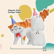 Orange Tabby Mimi Maomao cat figure standing beside two party-hat ghost characters