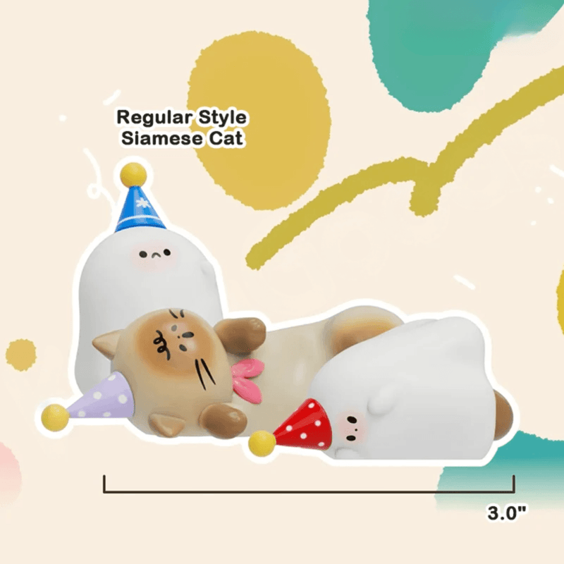 Mimi Maomao Siamese Cat figure lying between two party-hat ghost companions