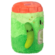 Side view of the Mini Comfort Food Jar of Pickles plush toy showing the attached pickle detail