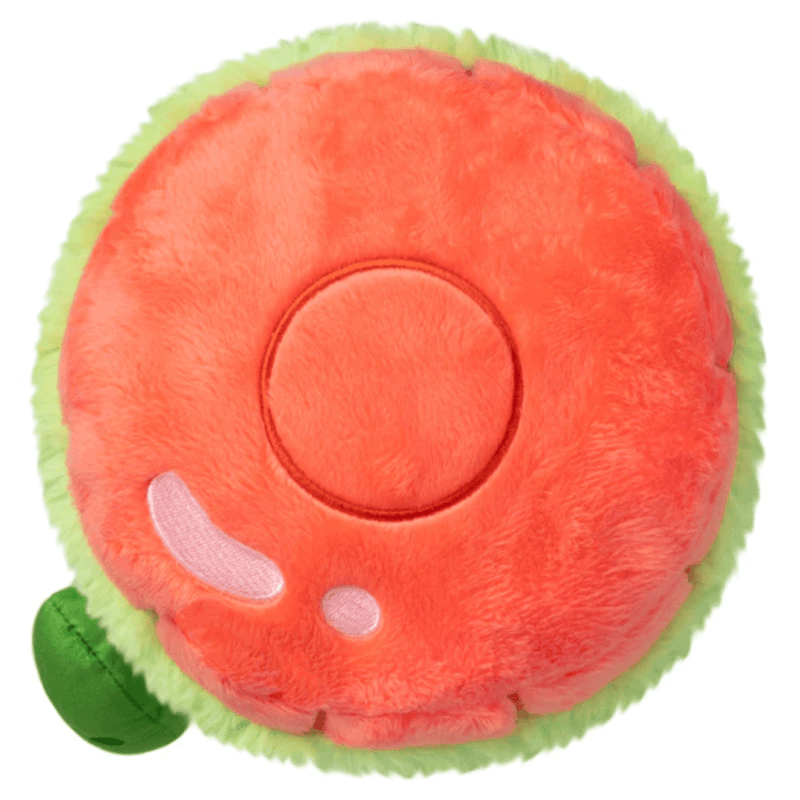 Top view of the Mini Comfort Food Jar of Pickles plush toy showing the coral jar lid