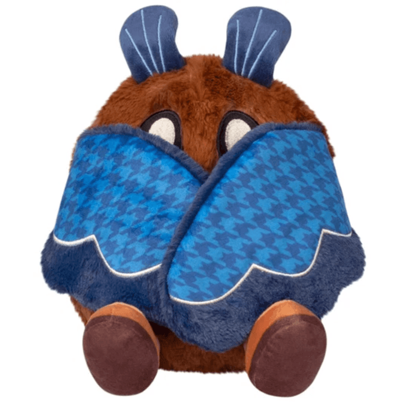 Mini Squishable Academia Mothman plush with blue houndstooth wings folded closed