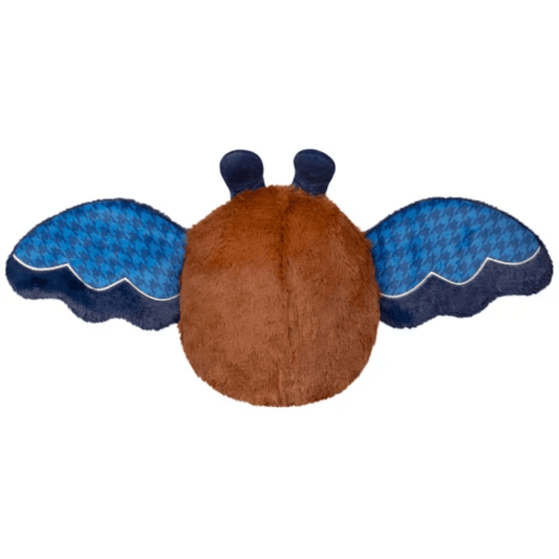 Back of Mini Squishable Academia Mothman showing its blue wings fully spread