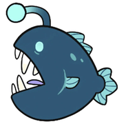 Illustrated Mini Squishable Anglerfish character with blue body, large teeth and glowing lure