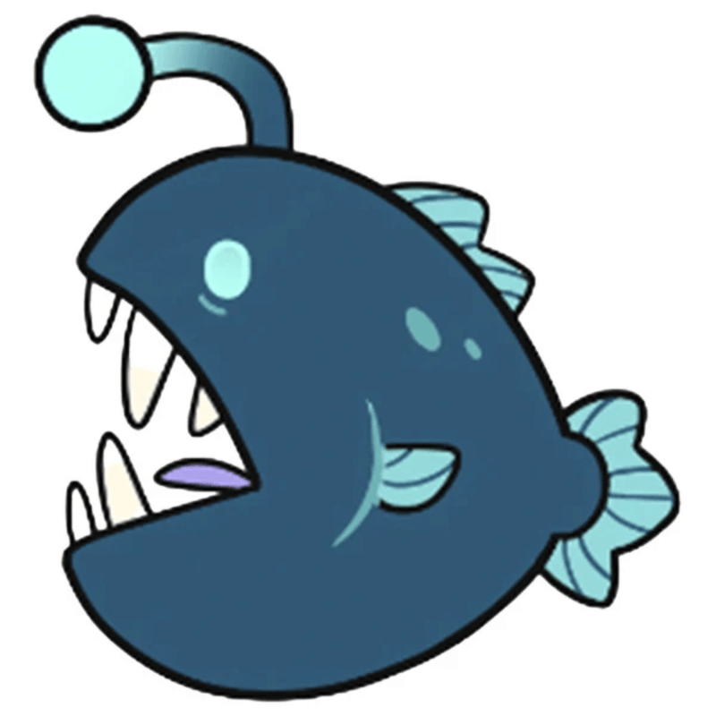 Illustrated Mini Squishable Anglerfish character with blue body, large teeth and glowing lure