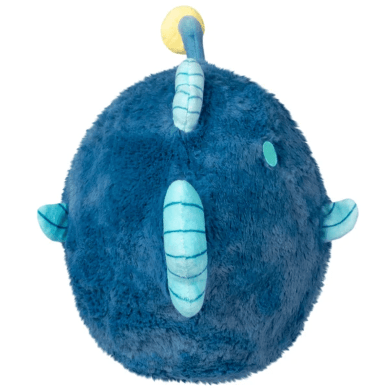 Rear view of Mini Squishable Anglerfish showing its fluffy blue body and turquoise fins