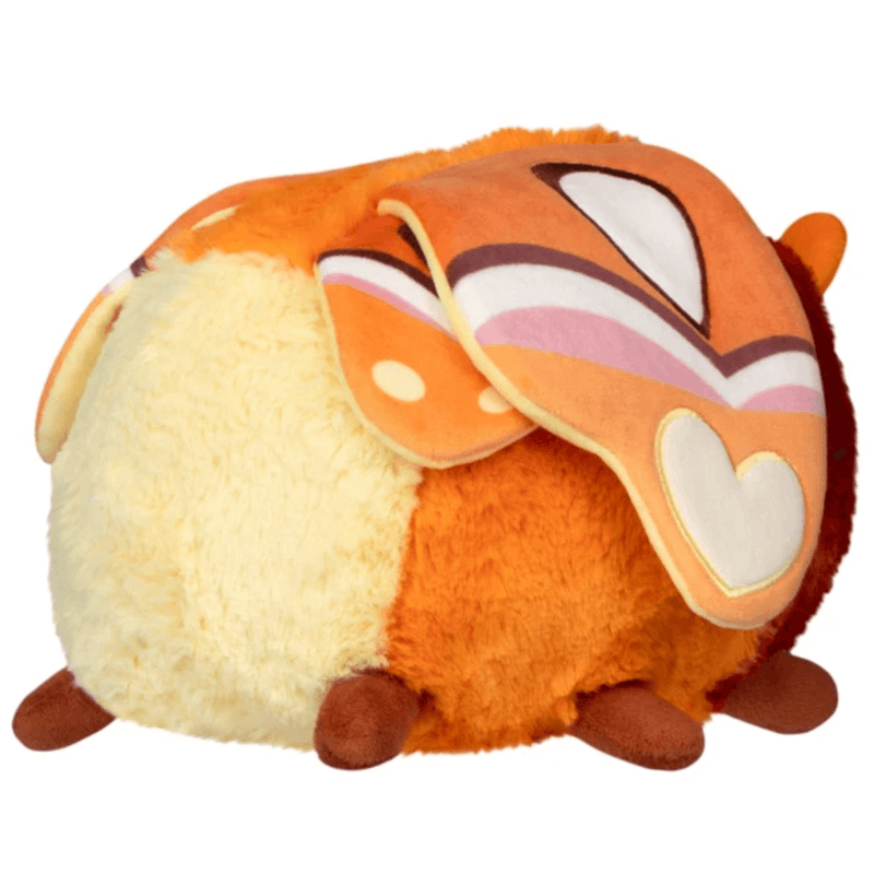 Rear view of Mini Squishable Atlas Moth plush with a cream body and folded wings