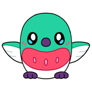 Cartoon illustration of the Baby Hummingbird character with teal body, purple beak and pink belly.