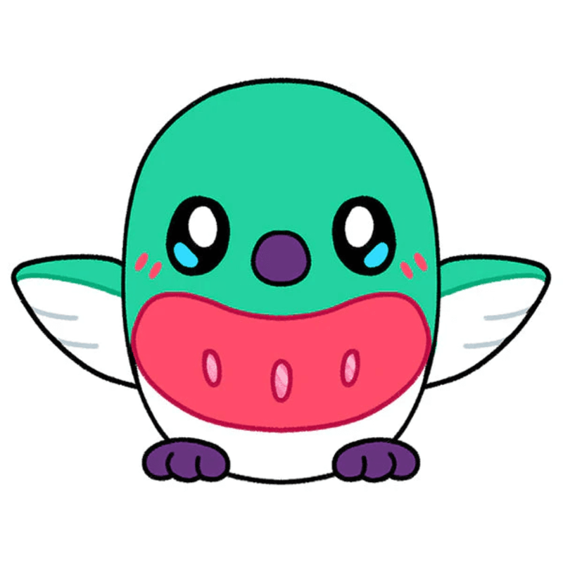 Cartoon illustration of the Baby Hummingbird character with teal body, purple beak and pink belly.