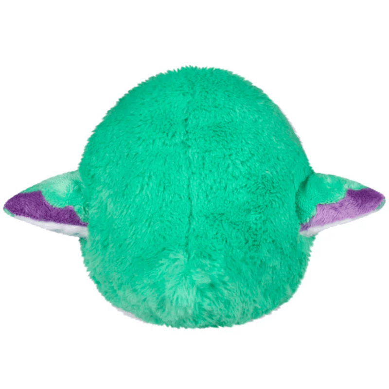 Back view of Mini Squishable Baby Hummingbird plush toy showing green fluffy body and wings.