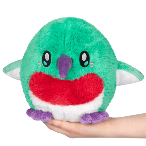 Front view of Mini Squishable Baby Hummingbird plush toy with purple beak and red belly.