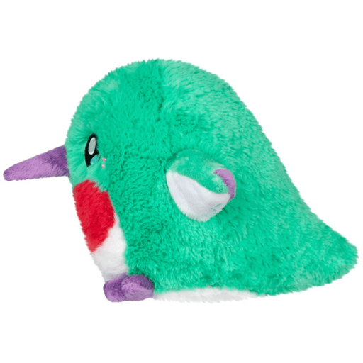 Side profile of Mini Squishable Baby Hummingbird plush toy showing wing and beak.