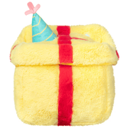 Back view of the Mini Squishable Birthday Mimic Gift plush toy with yellow body and red ribbon detail