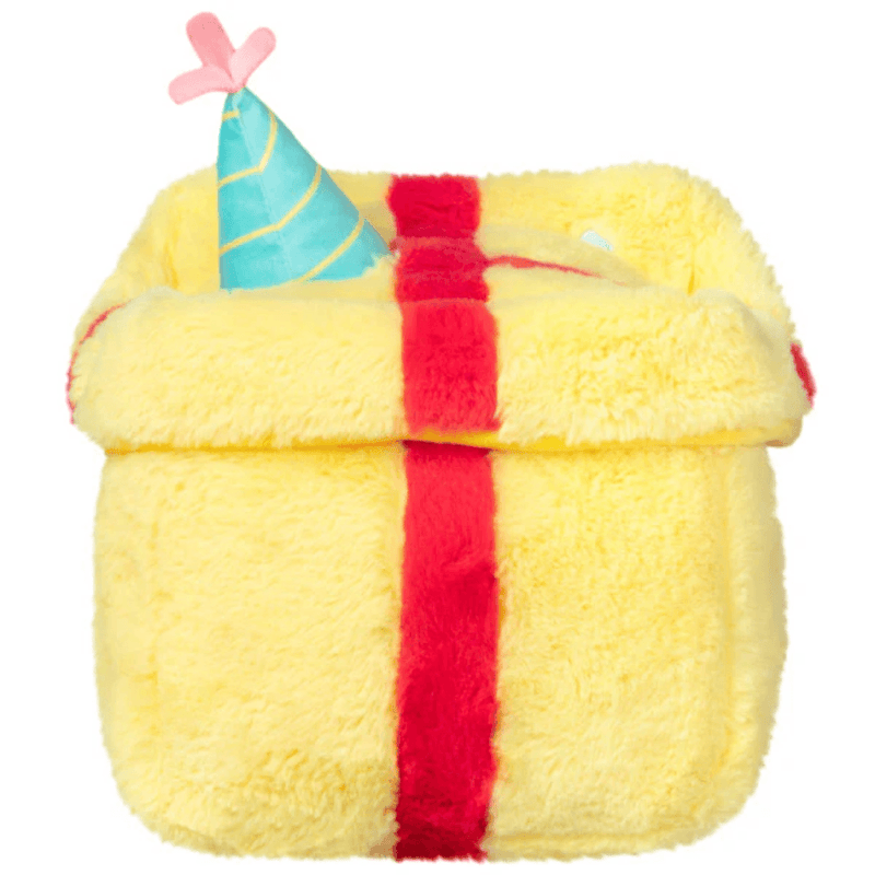 Back view of the Mini Squishable Birthday Mimic Gift plush toy with yellow body and red ribbon detail