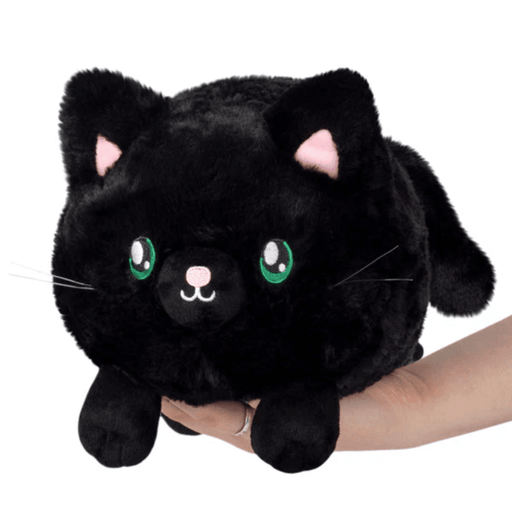 Front view of Mini Squishable Black Kitty plush with green eyes, pink nose and whiskers