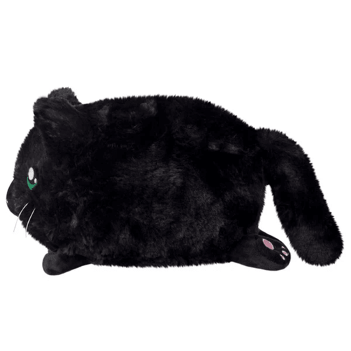 Side view of Mini Squishable Black Kitty plush lying down with tail and whiskers visible