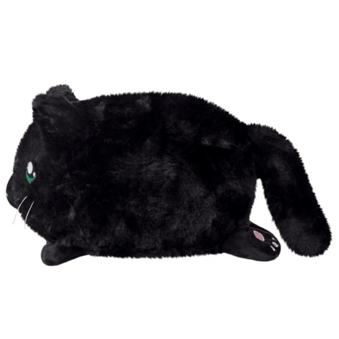 Side view of Mini Squishable Black Kitty plush lying down with tail and whiskers visible