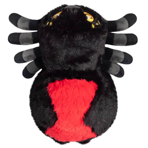 Top-down view of the Mini Squishable Black Widow plush showing red hourglass marking.