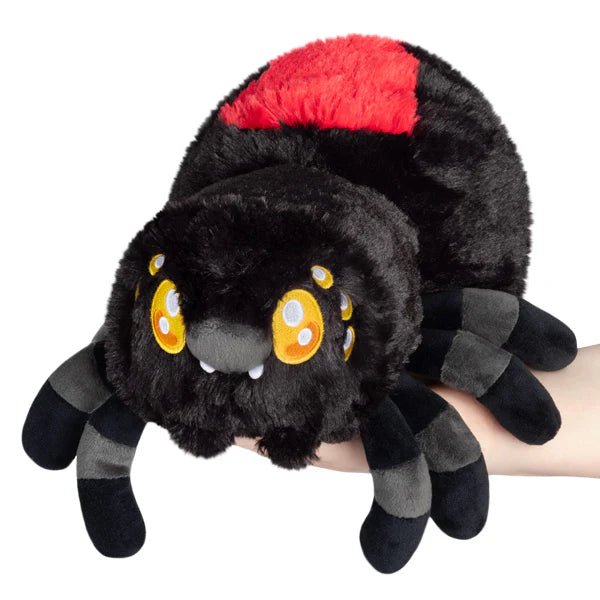 Soft black and red Mini Squishable Black Widow plush toy with big yellow eyes and fangs.