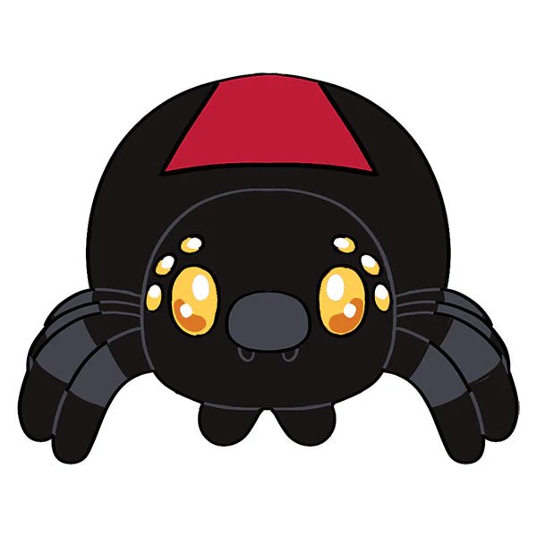 Cartoon drawing of Mini Squishable Black Widow with red hourglass and cute yellow eyes.