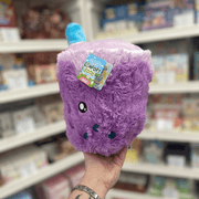 Mini Squishable Comfort Food Bubble Tea plush toy held in hand, back view with tag visible