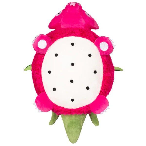 Bottom view of the Mini Squishable Dragon Fruit plushie showing white belly with black dragon-fruit style dots.