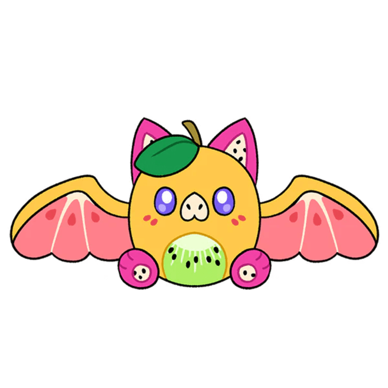 Illustration of Mini Squishable Fruit Bat character with pink wings and kiwi belly