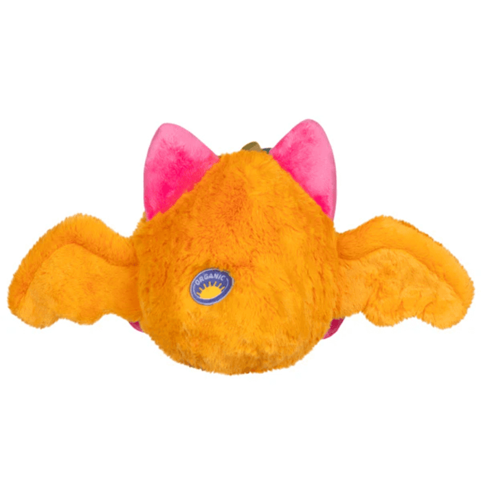 Back view of Mini Squishable Fruit Bat plush showing orange plush fur and spread wings