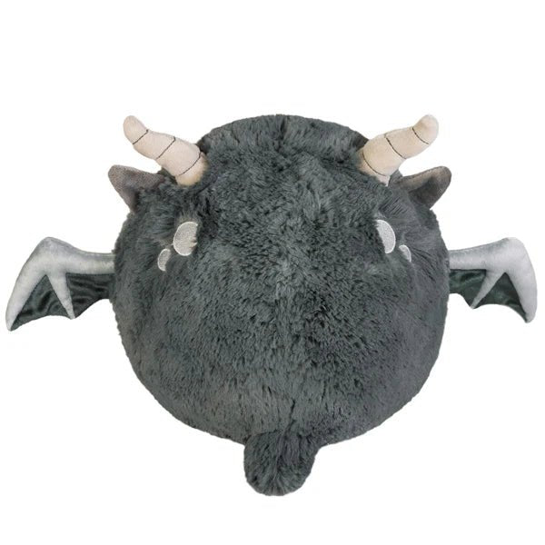 Rear view of the Mini Squishable Gargoyle plush showing soft grey fur and curved horns.