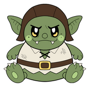 Mini Squishable Goblin character artwork with big ears, fangs, brown hood and tunic.