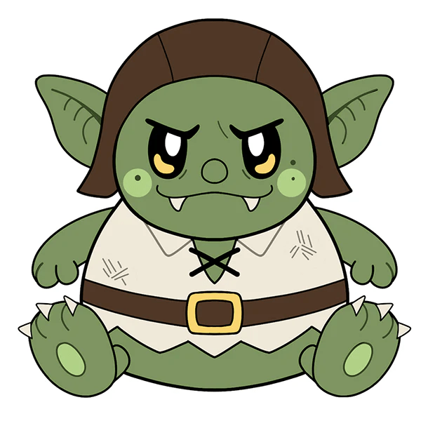 Mini Squishable Goblin character artwork with big ears, fangs, brown hood and tunic.
