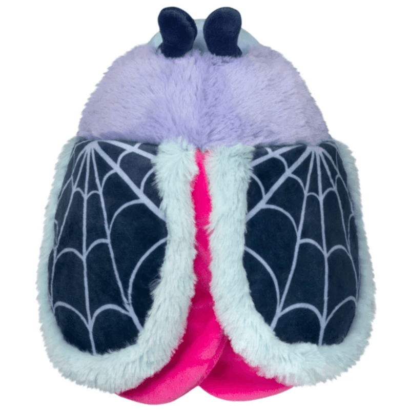 Back of Mini Squishable Haunted Moth showing dark spiderweb wings and pink details