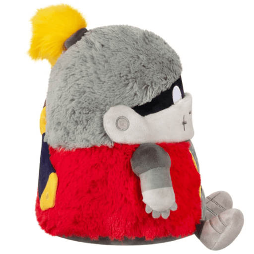 Side view of Mini Squishable Knight plush toy showing the helmet, cape and belt
