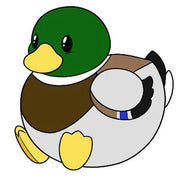 Cartoon artwork of Mini Squishable Mallard plush showing classic duck markings and a chubby body.