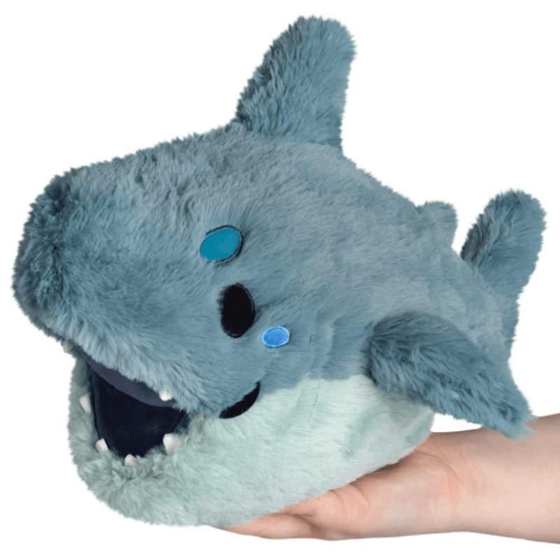 Front angled view of the Mini Squishable Megalodon plush toy