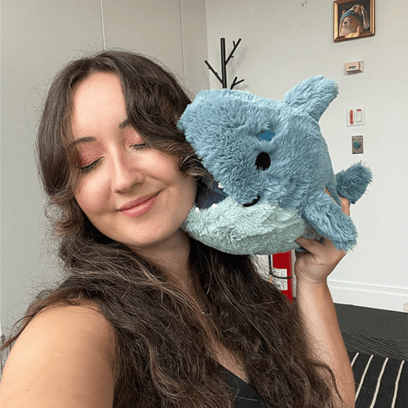 Person holding the Mini Squishable Megalodon plush toy for size comparison