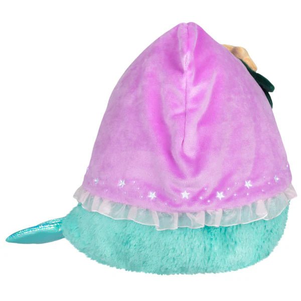 Rear view of Mini Squishable Mermaid Plague Nurse showing purple hood with frilly trim and teal tail.